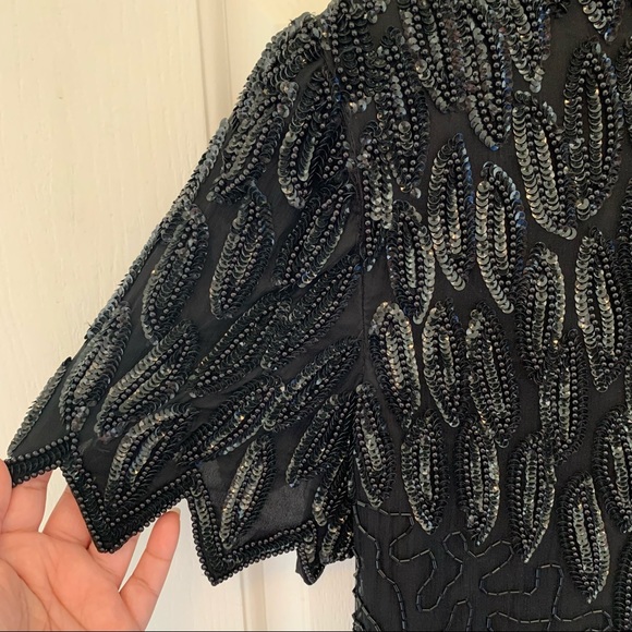 Vintage 80s Lawrence Kazar Sequin Abstract Bead Silk Scallop Flapper Min… - Picture 7 of 16